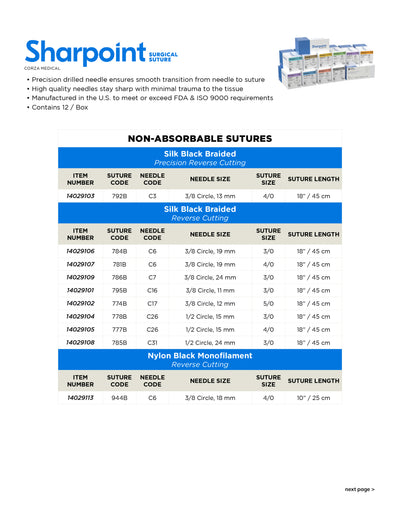 Sharpoint LOOK Sutures - C-16/3-0/18 in (#795B), C-26 / 3-0 / 18 in (#778B, C-26 / 4-0 / 18 in (#777B), C-3 / 4-0 / 18 in (#792B) (Sale)